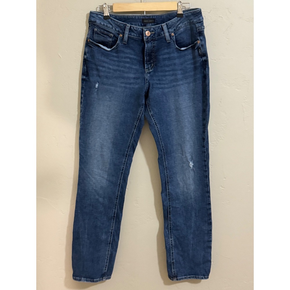 Silver Jeans Co Womens 30/31 Mid Wash Straight Leg Distressed Jeans